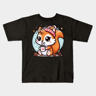 Cute Squirrel Girl Drinking Coffee Kids T-Shirt